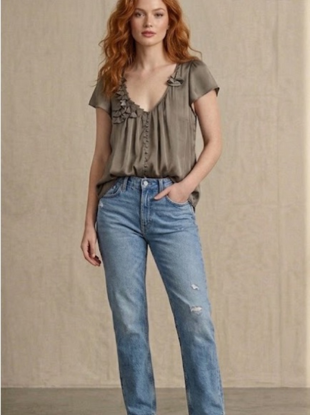 Gap Womens Olive Taupe Satin Ruffle Flutter Sleeve Button Front Blouse Top